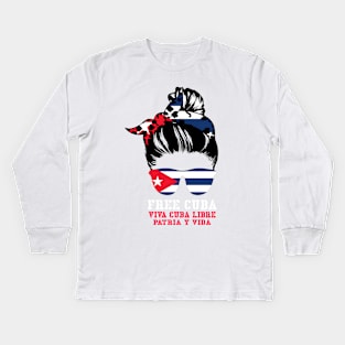 Messy Hair Woman Bun Free Cuba Flag Sos Cuban VIVA CUBA Kids Long Sleeve T-Shirt